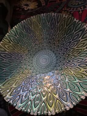 Vintage Akcam Turkey Art Glass Bowl with Iridescent Silver Foil Peacock...